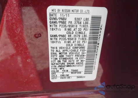 2012 Nissan Murano S/Sl/Le from USA, damaged, VIN JN8AZ1MW5CW210727